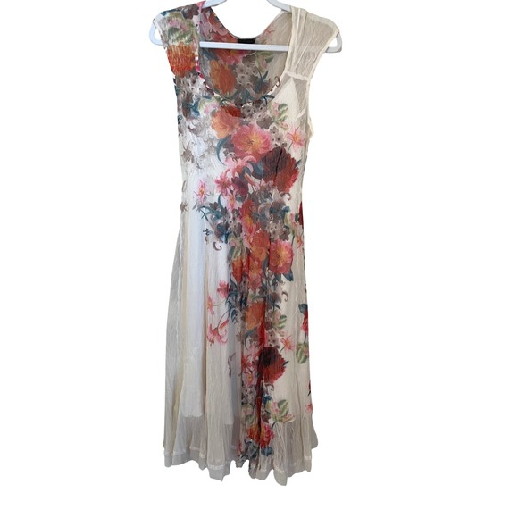 Komarov Size L Fairy Ethereal Floral Crinkle Lined Sheer Midi Dress Made USA